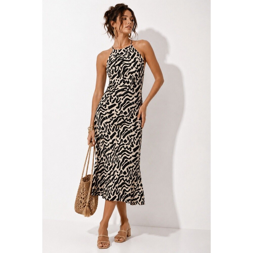 Band of the Free Abstract Zebra Animal Print Halter Midi Dress Black Cream M